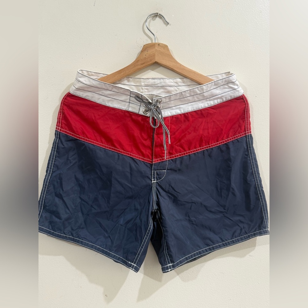 Birdwell Navy and Red Colorblock Board Shorts with White Waist